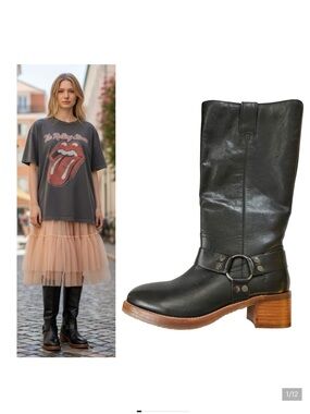 Frye Camryn Tall Shaft Harness Boots Black Leather in Sz 9